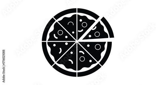 A simple black and white icon of a pizza with missing slice