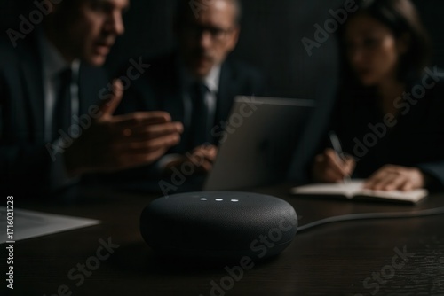 Smart speaker on table during a meeting with business professionals.