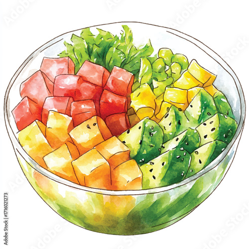 Colorful Hawaiian Poke Bowl with Tuna Mango Avocado and Kiwi.