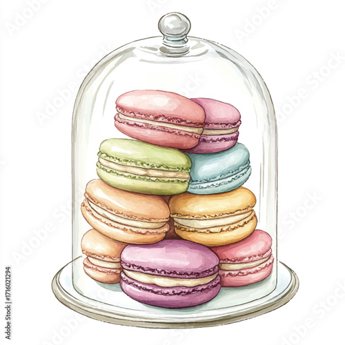 Colorful Macarons Stacked in a Glass Dome.