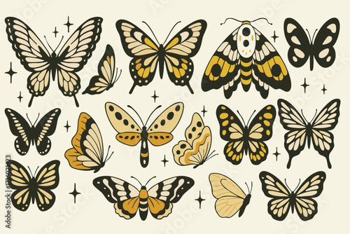 Vector set of butterflies and moths in black and yellow with detailed wings. Decorative insect illustrations for nature, wildlife, entomology, tattoo design, and graphic projects.