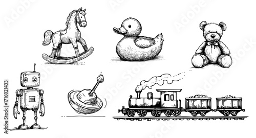 Hand Drawn Vintage Toy Sketch Collection black shape vector laser cutting engraving monochrome print