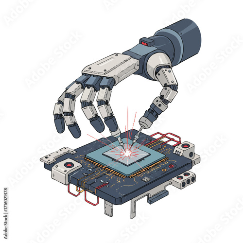 A detailed robotic hand with sensors precisely performs delicate laser welding on a microchip, surrounded by intricate machinery, presented as a vibrant 2D flat vector illustration.