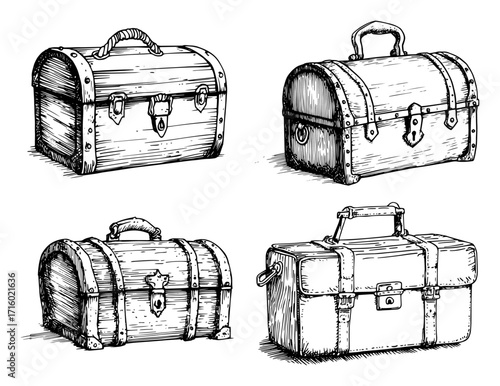 Vintage Travel Trunks and Suitcase Chest Doodle Icons black shape vector laser cutting engraving monochrome print