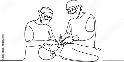Continuous Line Drawing of Surgeons Operating on Patient in Hospital Room