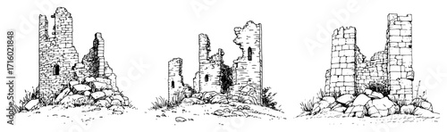 Collection of Ancient Castle Ruins in a Vintage Sketch Style black shape vector laser cutting engraving monochrome print