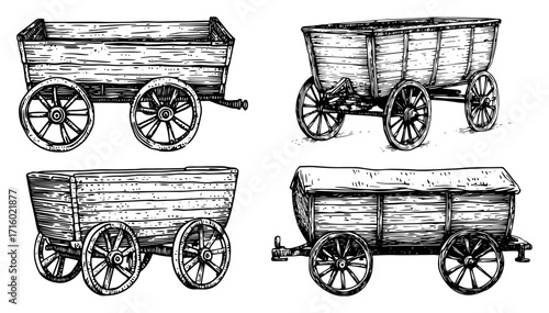 Vintage Wooden Cart and Wagon Engraving Set
