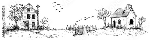 Rural Countryside Houses With Trees and Birds Doodle Scene black shape vector laser cutting engraving monochrome print