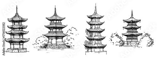 Hand Drawn Japanese Pagoda Temple Vector Set