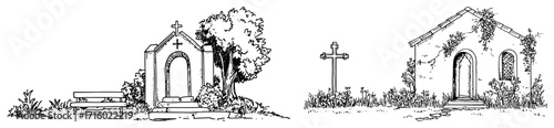 Old Rural Chapels and Crosses Vintage Engraving Style Illustrations