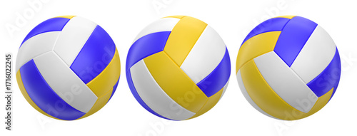 set of 3d volleyball ball icon. Ball white blue yellow. 3d vector render Symbol or emblem football . Vector illustration