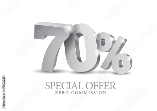 70 percent number in grey color. Seventy number in silver 3d. Poster template for discount, fifty percent sale discount, work progress. Vector illustration