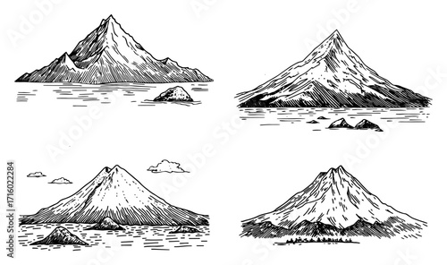 Hand Drawn Mountain Peak and Volcano Landscape Sketch Set black shape vector laser cutting engraving monochrome print