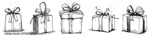 Hand Drawn Gift Boxes with Ribbons Vector Set