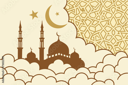 Elegant mosque silhouette with crescent moon and clouds in golden pattern