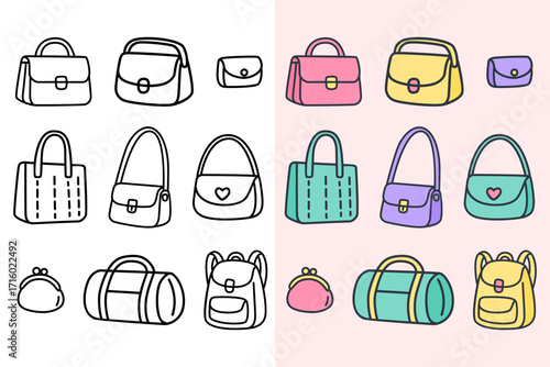 A cute doodle collection of women's fashion bags and accessories, including handbags, a backpack, and purses, presented as a set in both black and white outline for coloring and a colorful pastel 