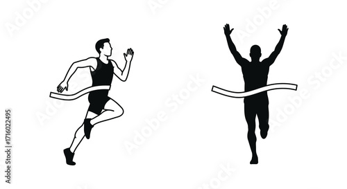 A runner crossing the finish line depicted in a simple black and white style