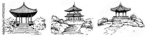 Asian Pagoda and Garden Landscape Illustrations in a Vintage Sketch Style Isolated Vector Set