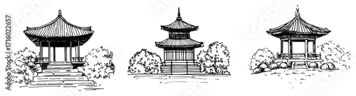 Traditional Asian Pagoda and Gazebo Sketch Illustrations