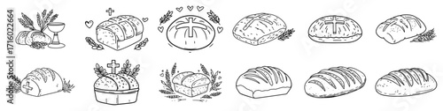 Hand Drawn Holy Bread Eucharist Doodle Set black shape vector laser cutting engraving monochrome print