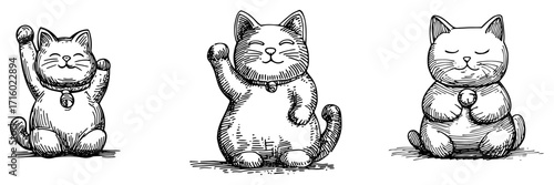 Maneki Neko Lucky Cat Figurines Collection Set black shape vector laser cutting engraving monochrome print