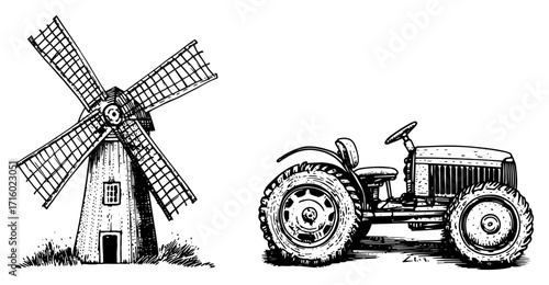 Vintage Farming Sketches with a Windmill and Tractor