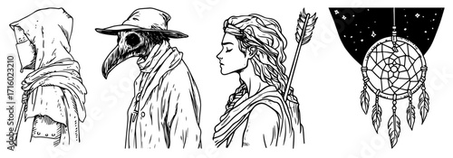 Hand Drawn Plague Doctor Hooded Figure and Archer Vector Set