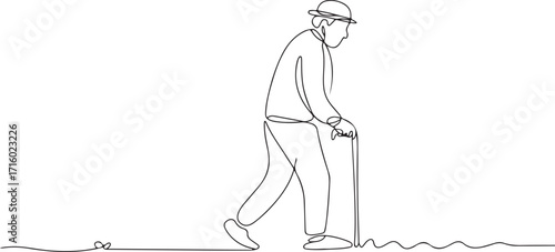 Continuous Line Drawing of an Elderly Man Walking with a Cane for Support