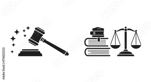 Justice symbols with a gavel law books and scales of fairness