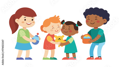 Children Sharing Toys with Friends A Vector Illustration of Kindness and Cooperation