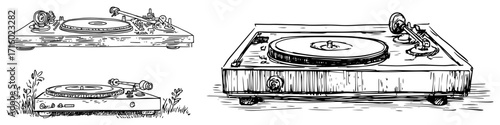 Vintage Hand Drawn Turntable and Record Player Sketch Set black shape vector laser cutting engraving monochrome print