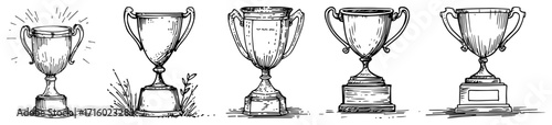 Hand Drawn Trophy Cup Award Sketch Collection black shape vector laser cutting engraving monochrome print