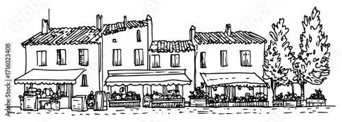 Hand Drawn Mediterranean Village Street with Cafes Vector