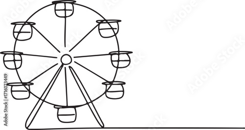 Continuous Line Art of a Ferris Wheel with Gondolas at an Amusement Park
