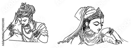 Traditional Indian Women Portraits Hand Drawn Saree and Jewelry Vector Set