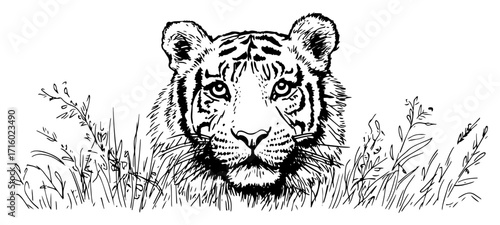 Tiger Head in Grass Hand Drawn Wild Cat Vector Illustration