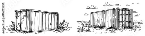 Shipping Cargo Containers in a Hand Drawn Sketch Style Monochrome Engraving for Print