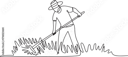 Continuous Line Art of a Farmer Raking Leaves in a Field with a Hat On