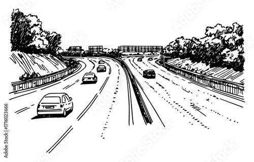 Highway Freeway Traffic With Cars Perspective Scene black shape vector laser cutting engraving monochrome print