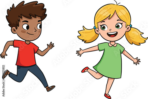 Happy children playing outdoors, cartoon boy and girl running, joyful childhood moment, colorful illustration, kids activity, fun, energetic, cheerful scene
