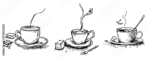 Steaming Cups of Tea or Coffee a Hand Drawn Illustration Set