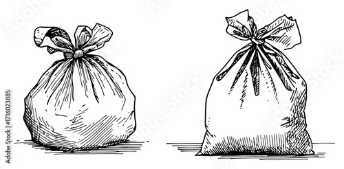 Full Tied Garbage Bag Hand Drawn Sketch Black Shape Vector Laser Cutting Engraving Monochrome Print