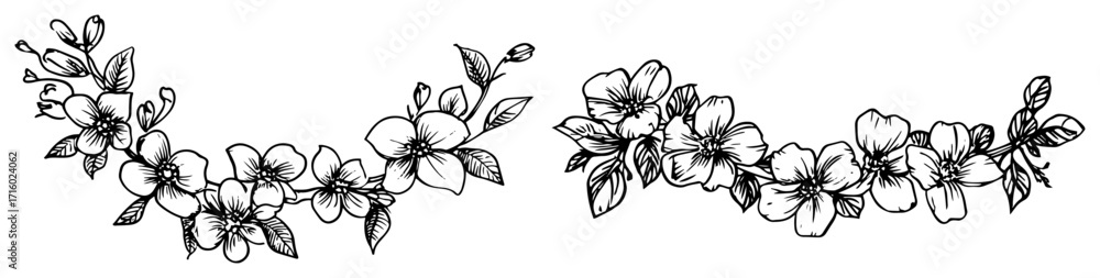 Obraz premium Hand Drawn Floral Branch with Cherry Blossoms black shape vector laser cutting engraving monochrome print