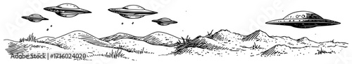 UFO Flying Saucers Invasion Over a Barren Planet Landscape black shape vector laser cutting engraving monochrome print