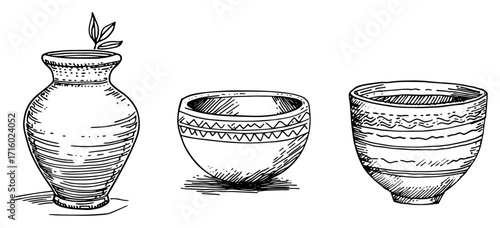 Hand Drawn Pottery Collection with Clay Pots and Vases black shape vector laser cutting engraving monochrome print