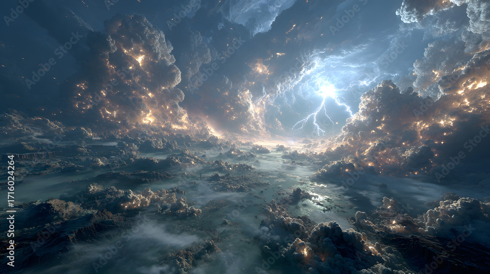 Fototapeta premium Surreal 8K cosmic battlefield scene, hyper-realistic wide shot of the War in Heaven, shattered marble fragments floating through the void, radiant and rebellious legions locked in chaotic combat,