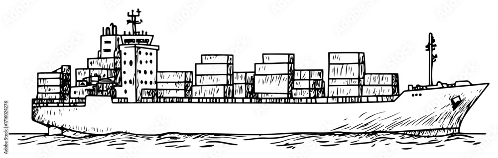 Fototapeta premium Hand Drawn Cargo Container Ship at Sea