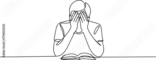 Continuous Line Art of Man Covering Face with Hands Reading a Book Study