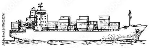Hand Drawn Cargo Container Ship at Sea