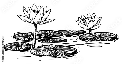 Water Lily or Lotus Flower on a Pond Black Shape Vector Laser Cutting Engraving Monochrome Print